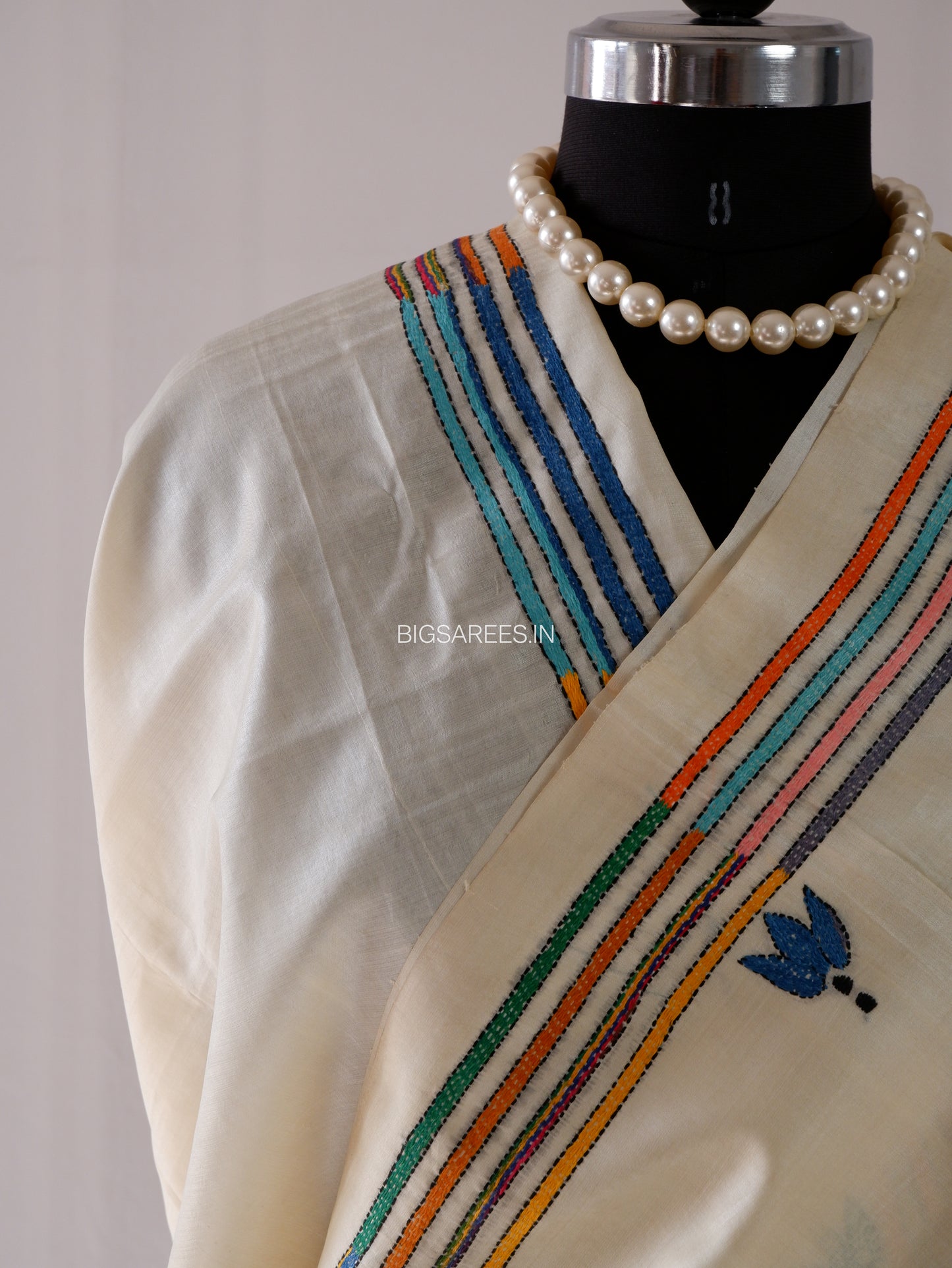 Kantha - Stitch Hand Embroidered Saree | Pure Gachi by Gachi Tussar Silk | Silk Mark Certified | Pearl White