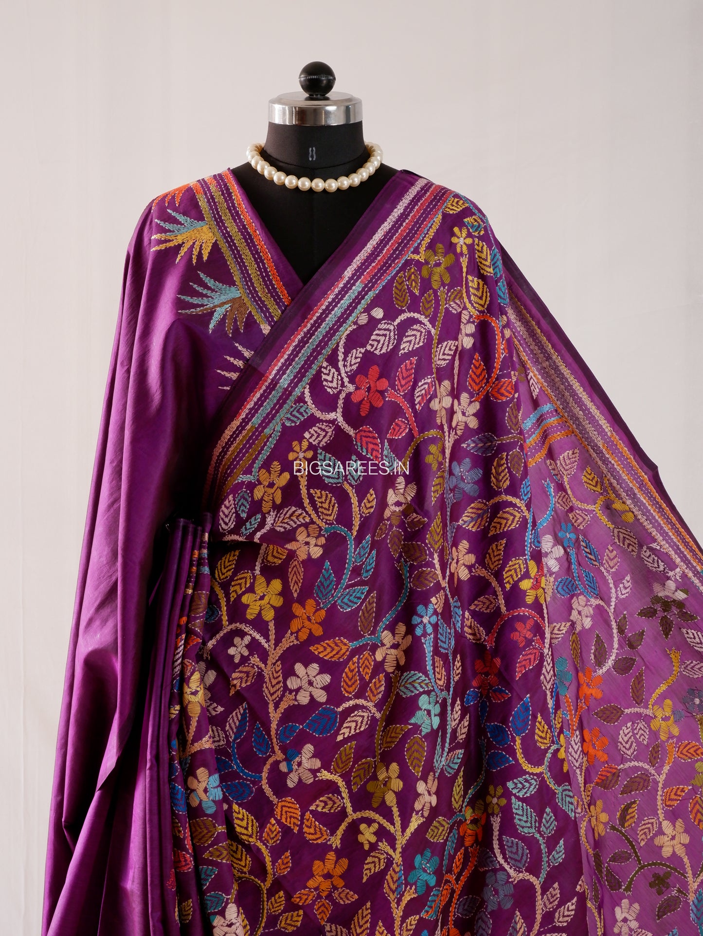 Kantha Hand Embroidery Pure Silk Saree - Flowers | Silk Mark Certified