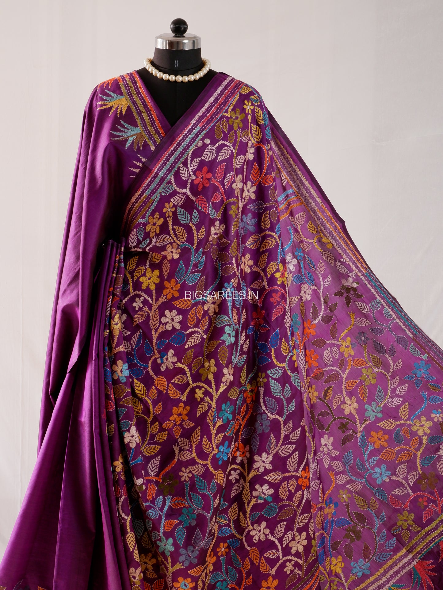 Kantha Hand Embroidery Pure Silk Saree - Flowers | Silk Mark Certified
