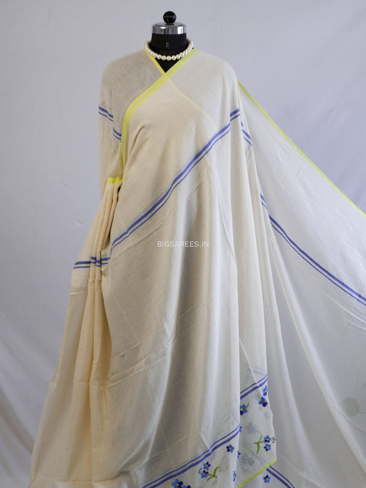 Mul Cotton Saree With Blouse | Machine Embroidery | White