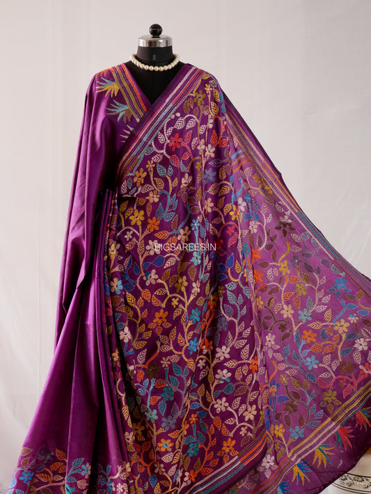 Kantha Hand Embroidery Pure Silk Saree - Flowers | Silk Mark Certified