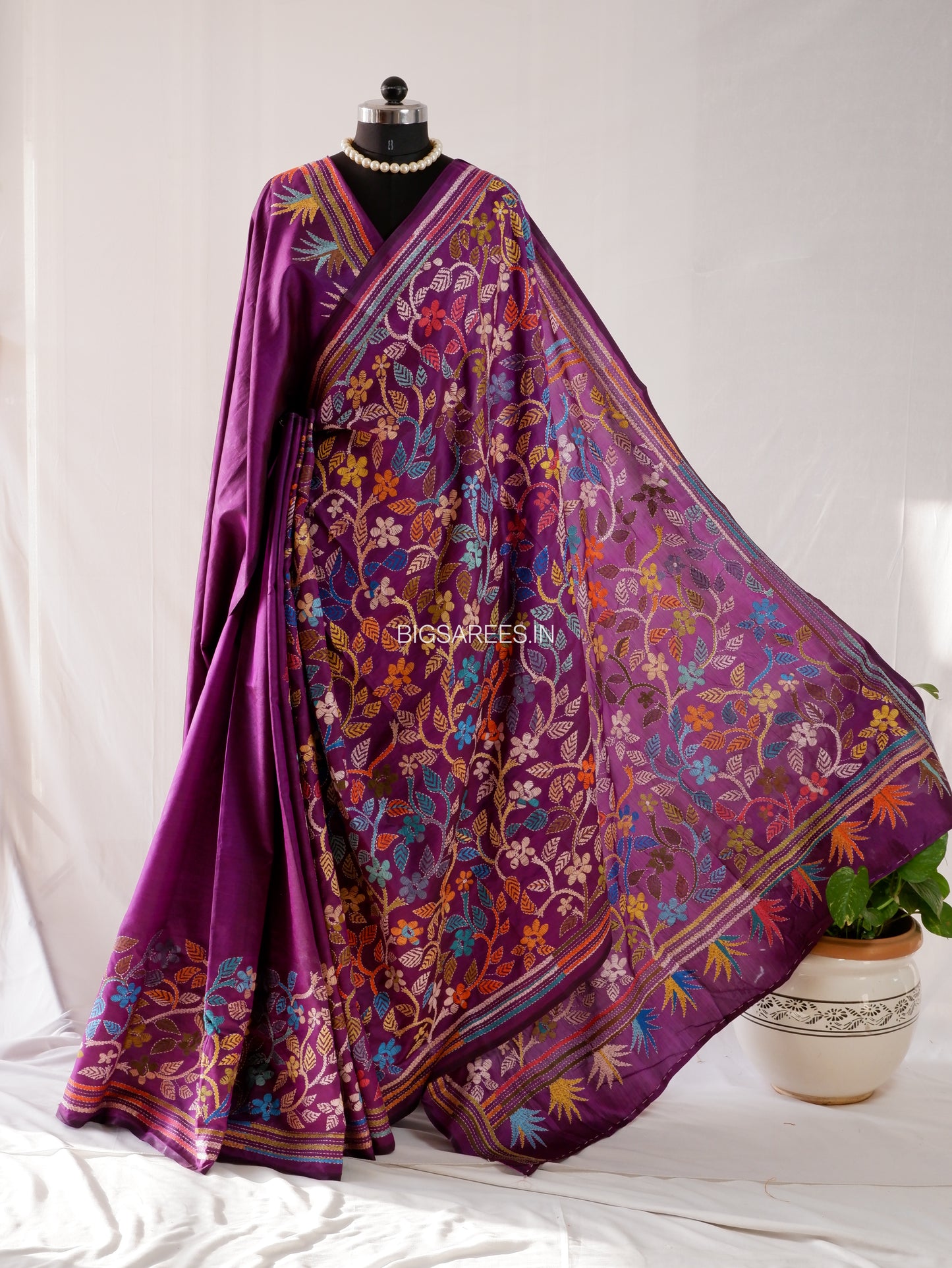 Kantha Hand Embroidery Pure Silk Saree - Flowers | Silk Mark Certified