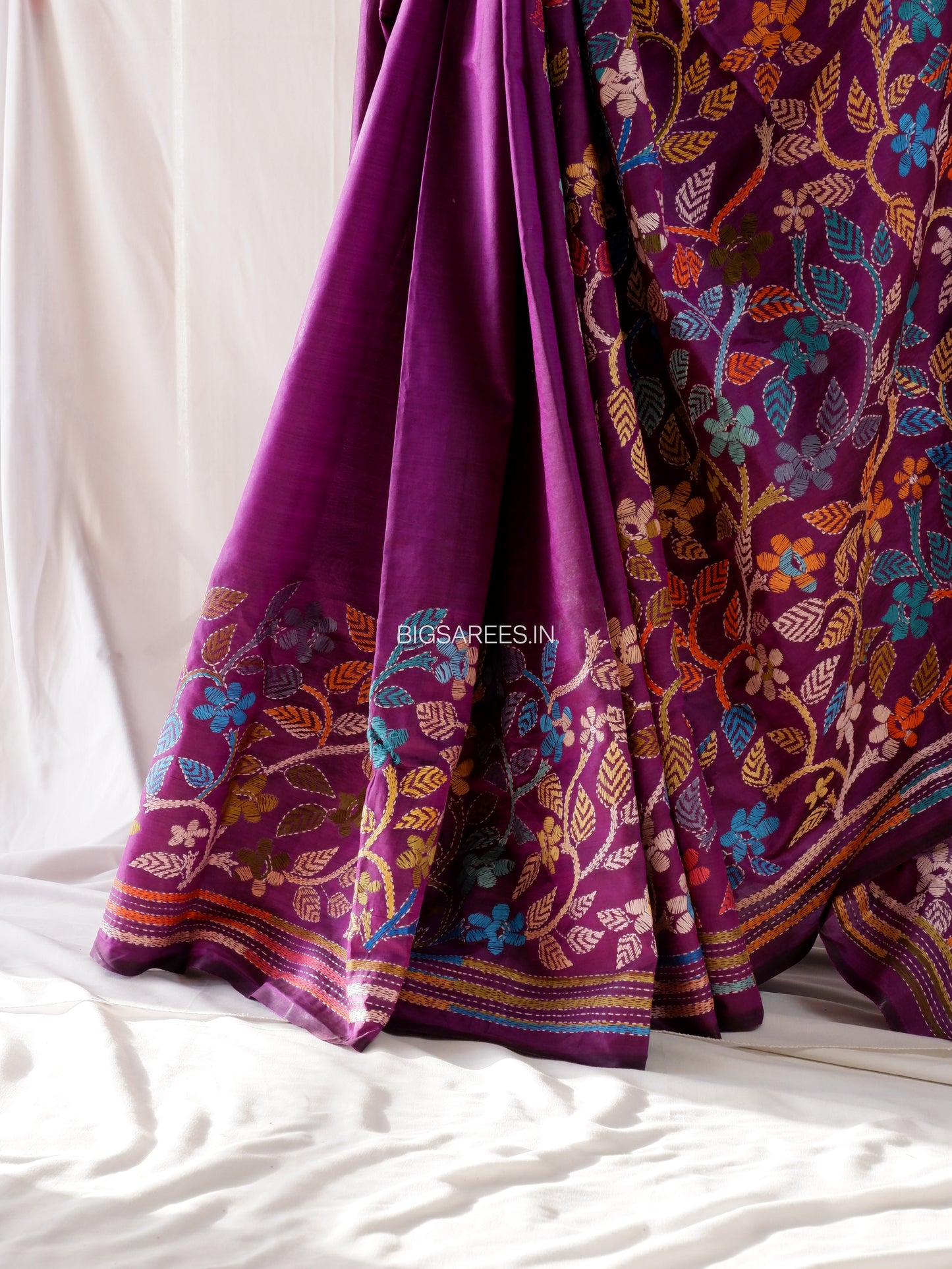 Kantha Hand Embroidery Pure Silk Saree - Flowers | Silk Mark Certified