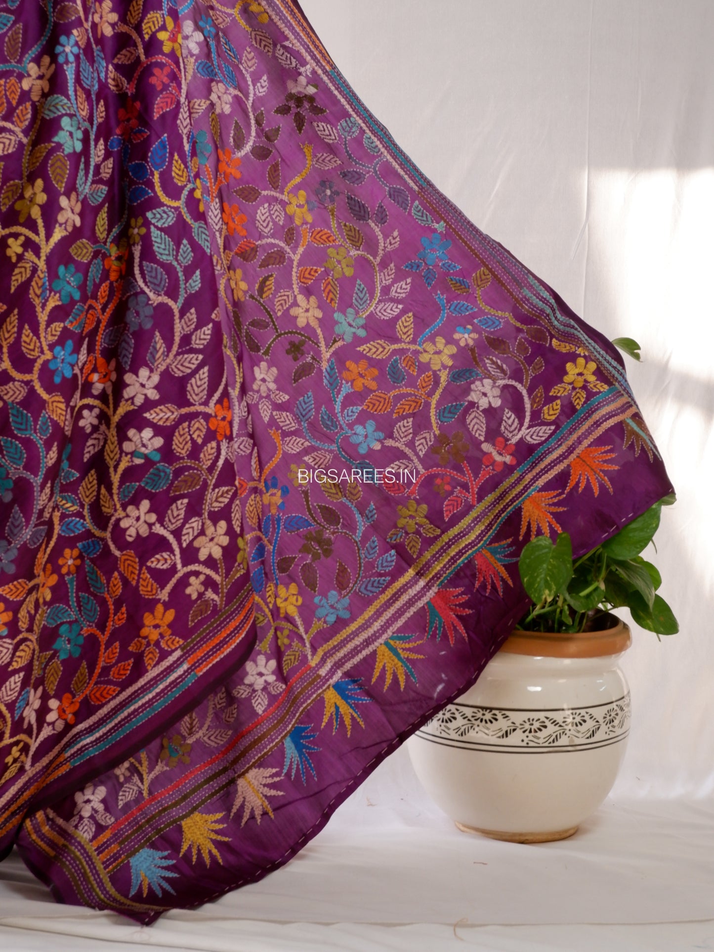 Kantha Hand Embroidery Pure Silk Saree - Flowers | Silk Mark Certified