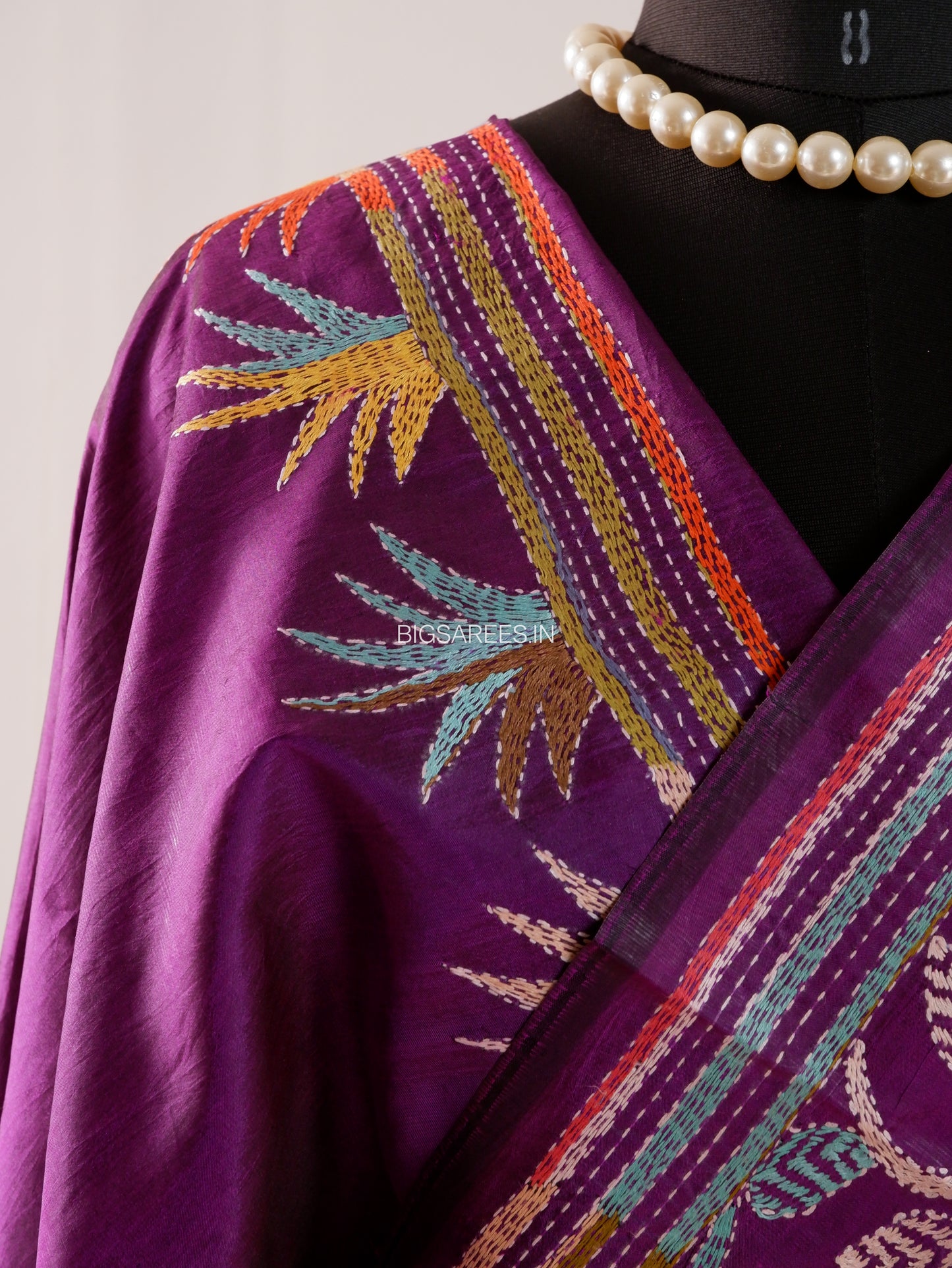 Kantha Hand Embroidery Pure Silk Saree - Flowers | Silk Mark Certified