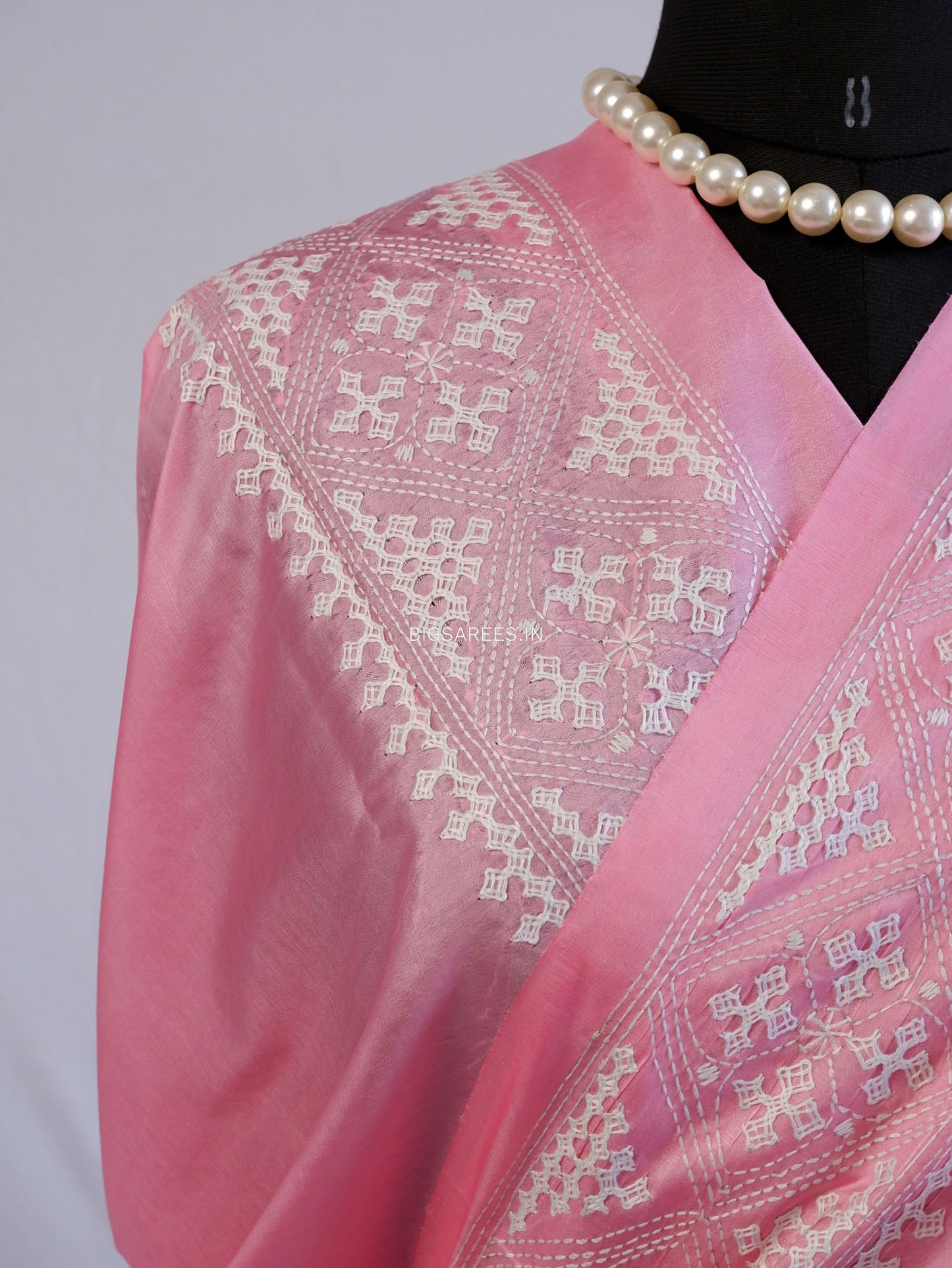 Kutchi/Gujarati Hand Embroidered Saree  | Blended Bangalore Silk / Art Silk | Pink
