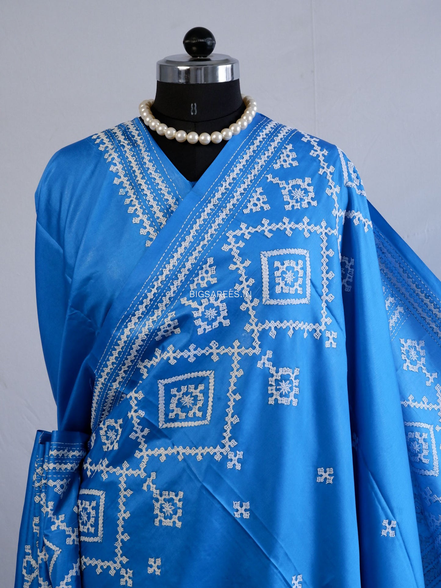 Kutchi/Gujarati Hand Embroidered Saree  | Blended Bangalore Silk / Art Silk | Blue