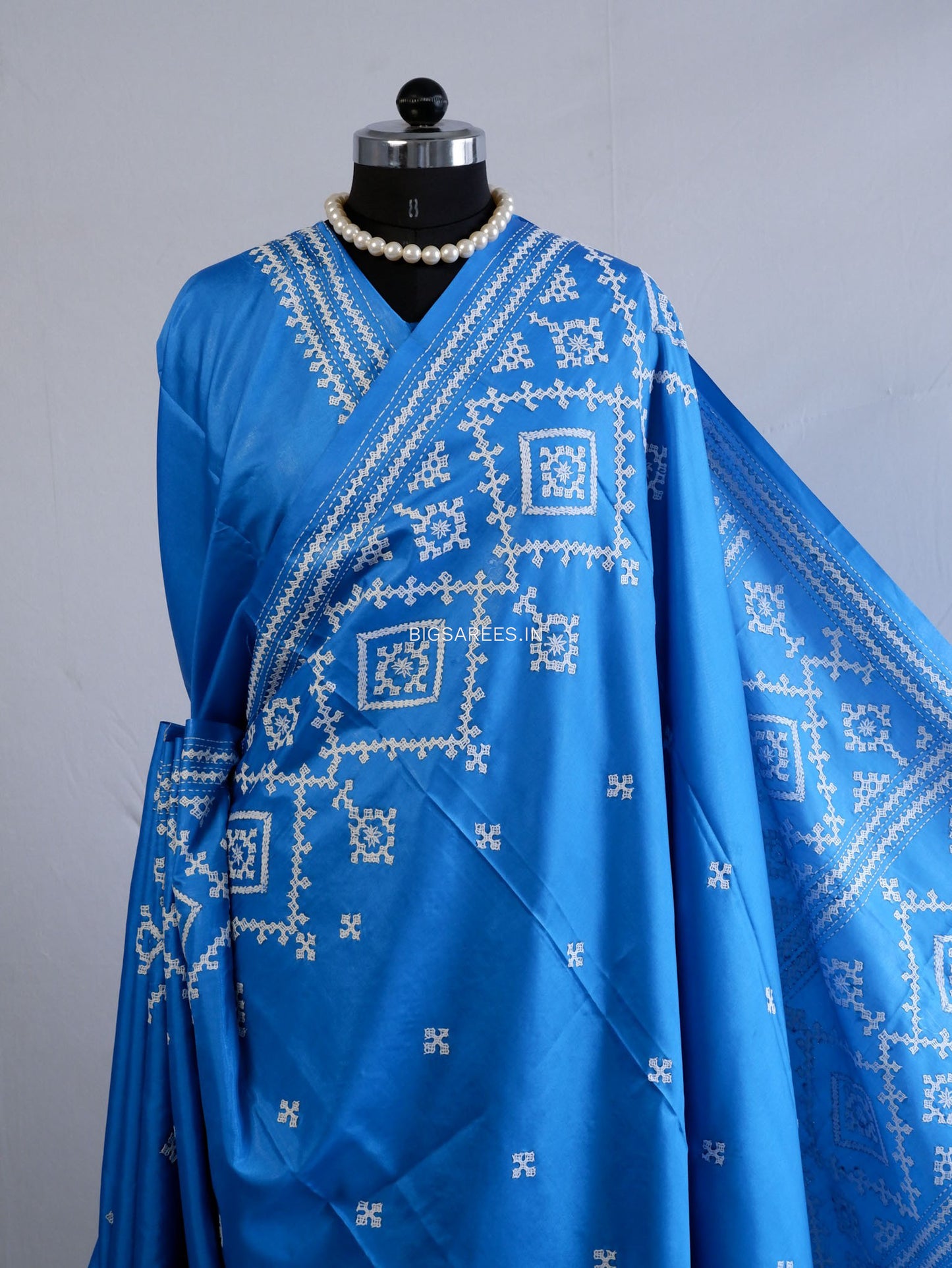 Kutchi/Gujarati Hand Embroidered Saree  | Blended Bangalore Silk / Art Silk | Blue