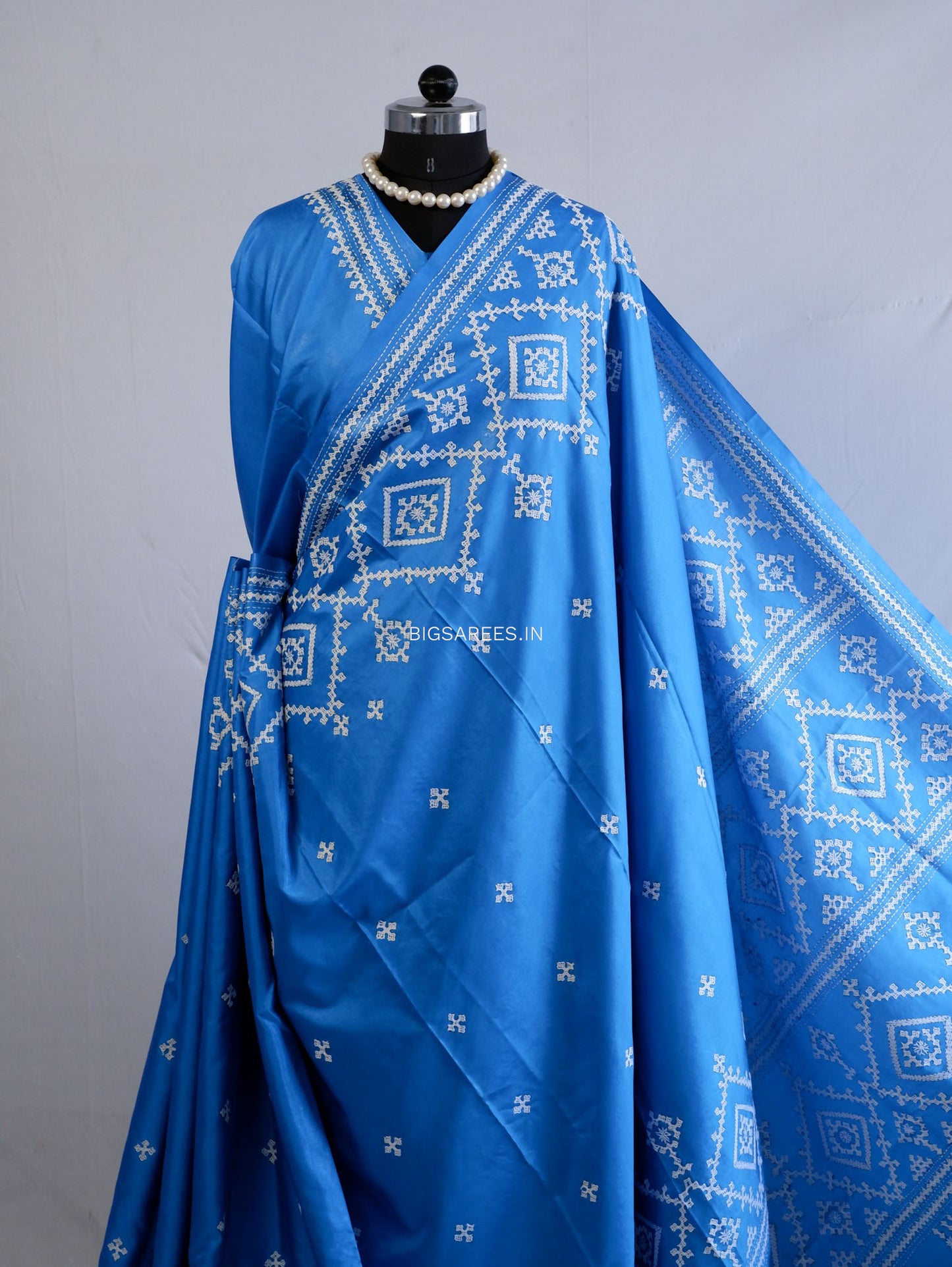 Kutchi/Gujarati Hand Embroidered Saree  | Blended Bangalore Silk / Art Silk | Blue