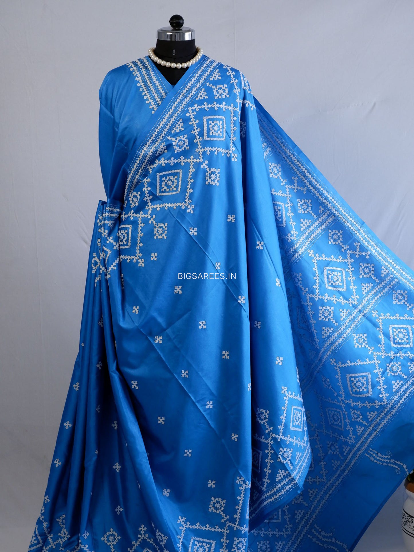 Kutchi/Gujarati Hand Embroidered Saree  | Blended Bangalore Silk / Art Silk | Blue