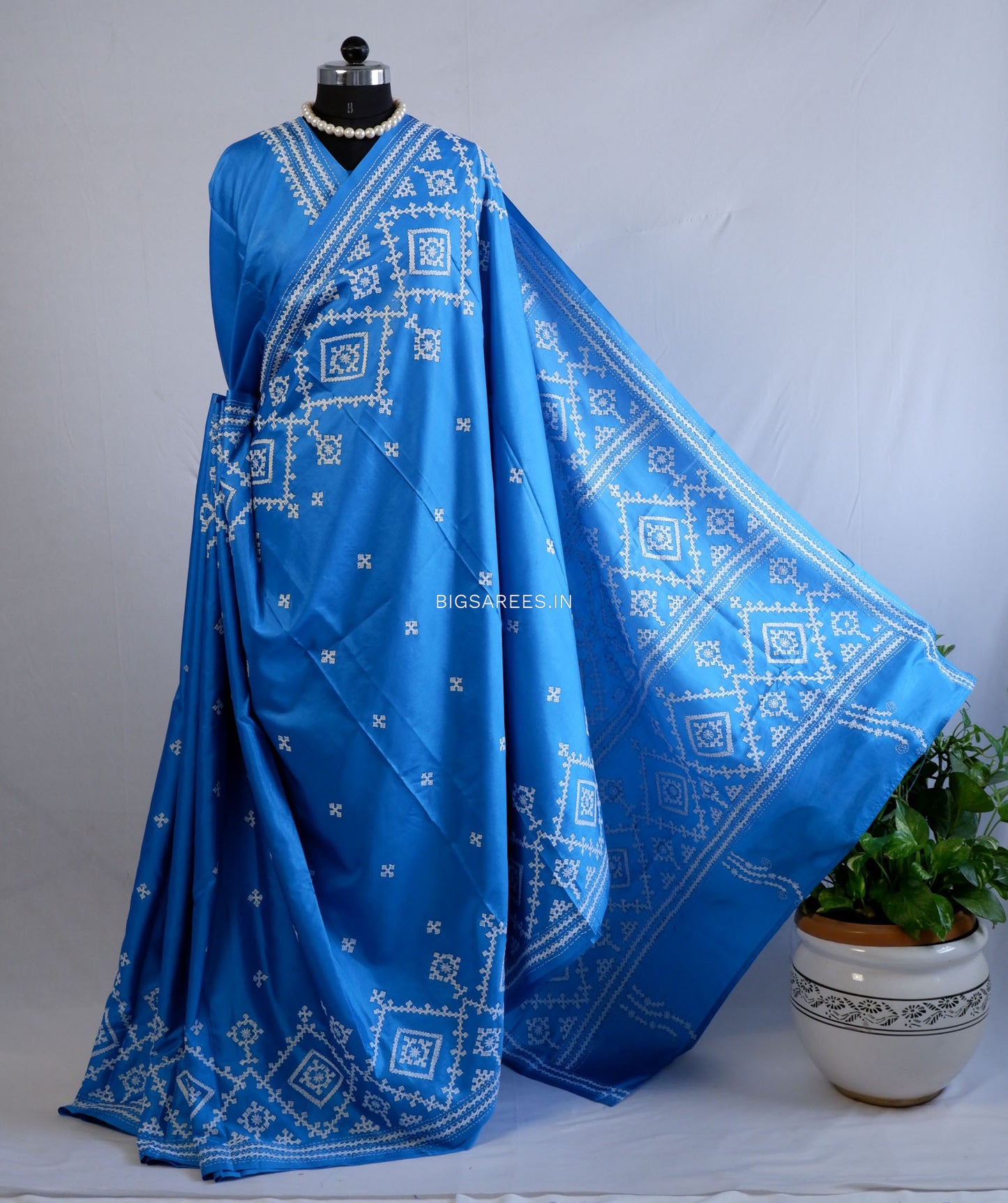Kutchi/Gujarati Hand Embroidered Saree  | Blended Bangalore Silk / Art Silk | Blue