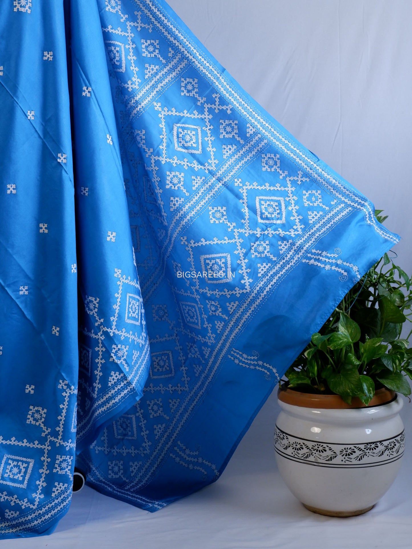 Kutchi/Gujarati Hand Embroidered Saree  | Blended Bangalore Silk / Art Silk | Blue