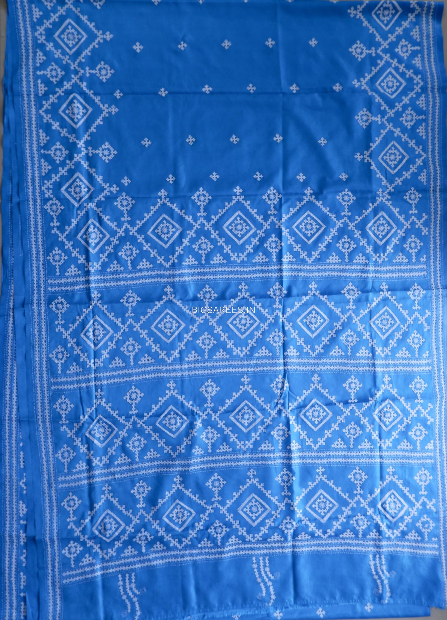 Kutchi/Gujarati Hand Embroidered Saree  | Blended Bangalore Silk / Art Silk | Blue