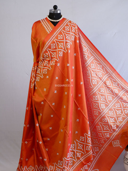 Kutchi/Gujarati Hand Embroidered Saree  | Blended Bangalore Silk / Art Silk | Orange