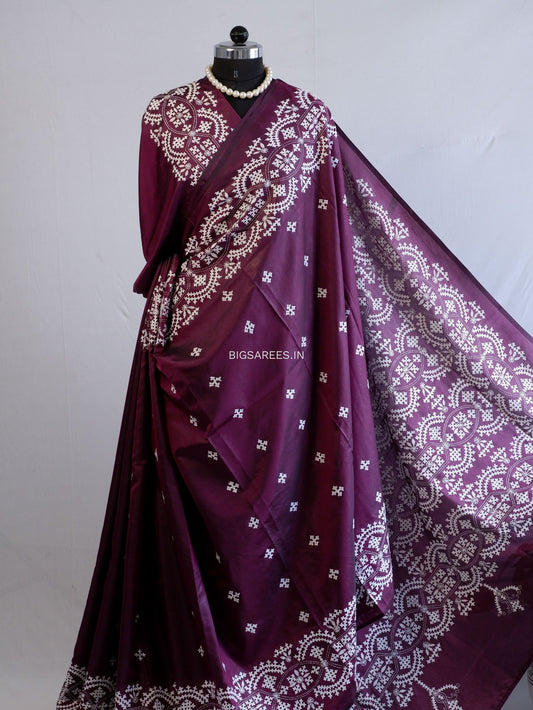 Kutchi/Gujarati Hand Embroidered Saree  | Blended Bangalore Silk / Art Silk | Deep Purple