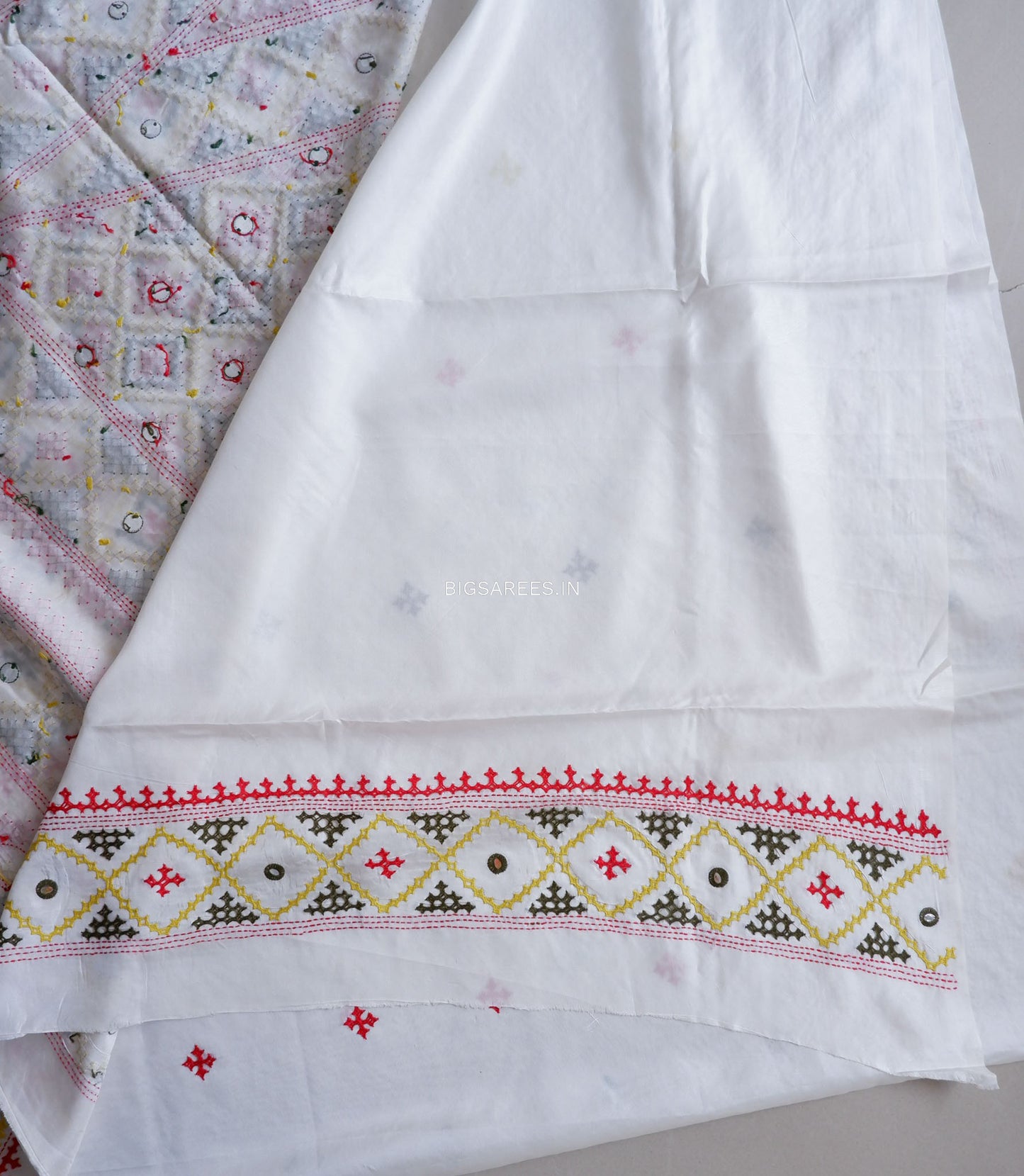 Kutchi/Gujarati Stitch Hand Embroidered Saree | Art Silk | Foil Mirror | White