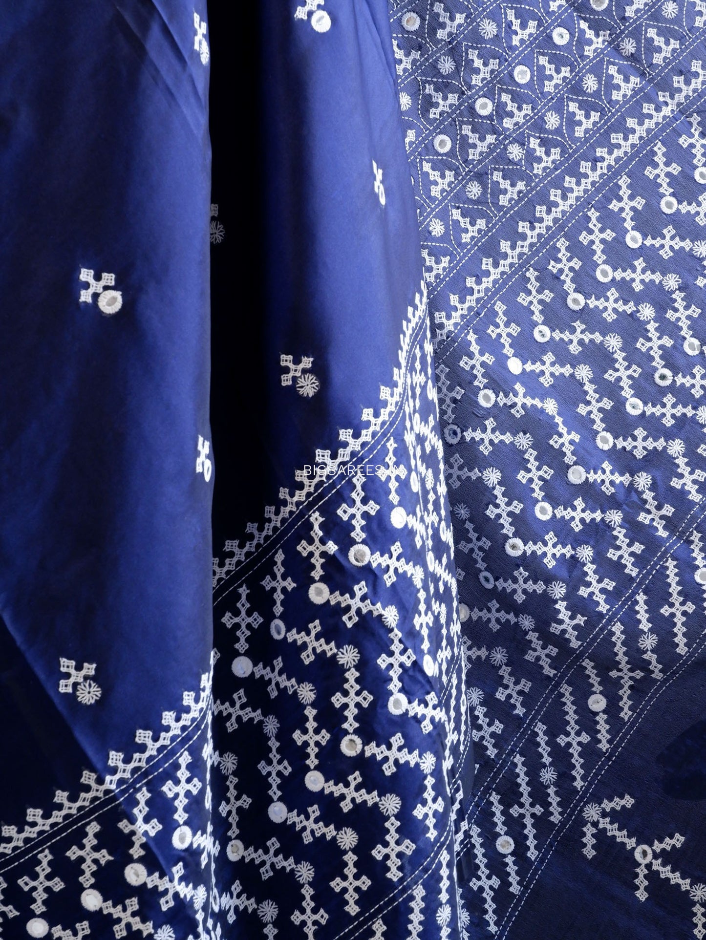 Kutchi/Gujarati Stitch Hand Embroidered Saree | Art Silk | Real Mirror Work | Navy Blue