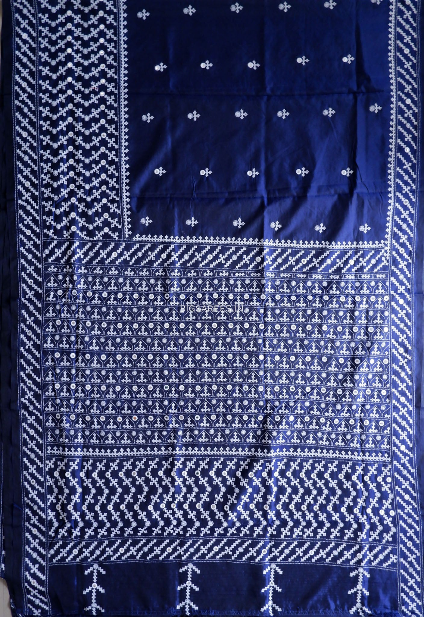 Kutchi/Gujarati Stitch Hand Embroidered Saree | Art Silk | Real Mirror Work | Navy Blue