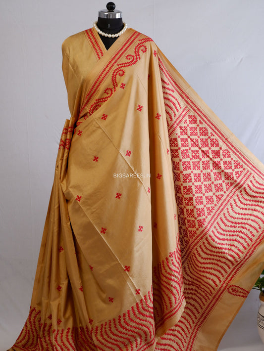 Kutchi/Gujarati Hand Embroidered Saree  | Blended Bangalore Silk / Art Silk | Golden Beige