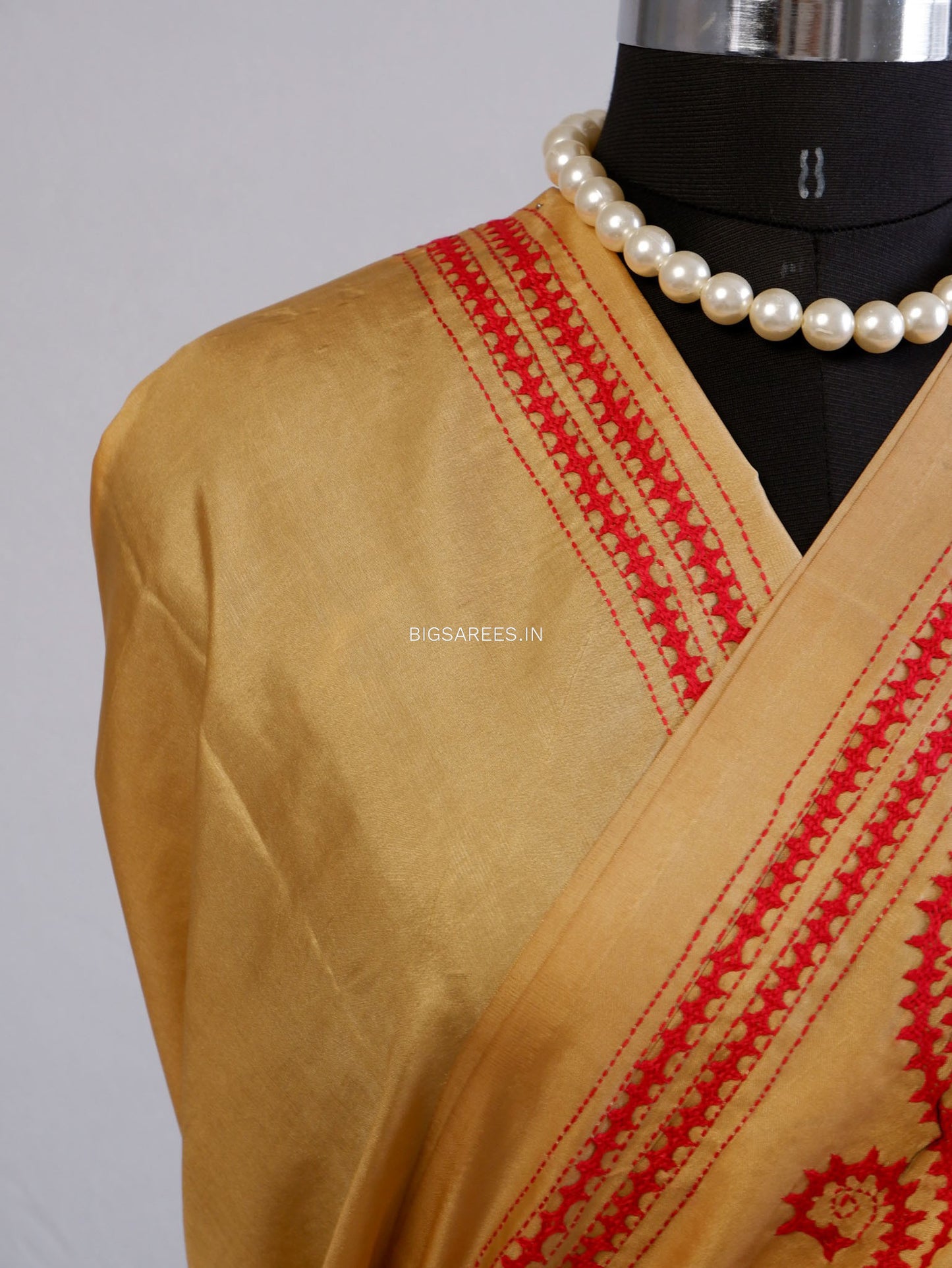 Kutchi/Gujarati Hand Embroidered Saree  | Blended Bangalore Silk / Art Silk | Golden Beige