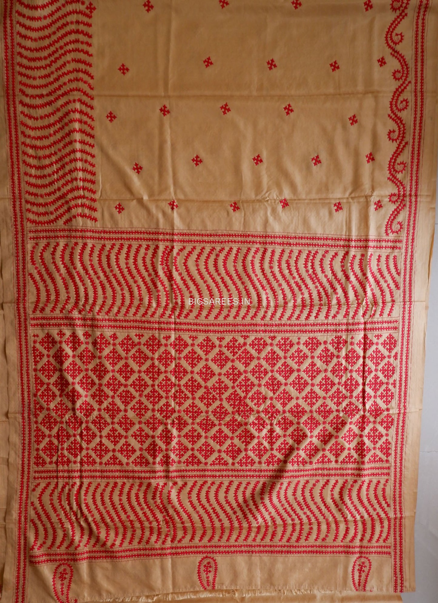 Kutchi/Gujarati Hand Embroidered Saree  | Blended Bangalore Silk / Art Silk | Golden Beige