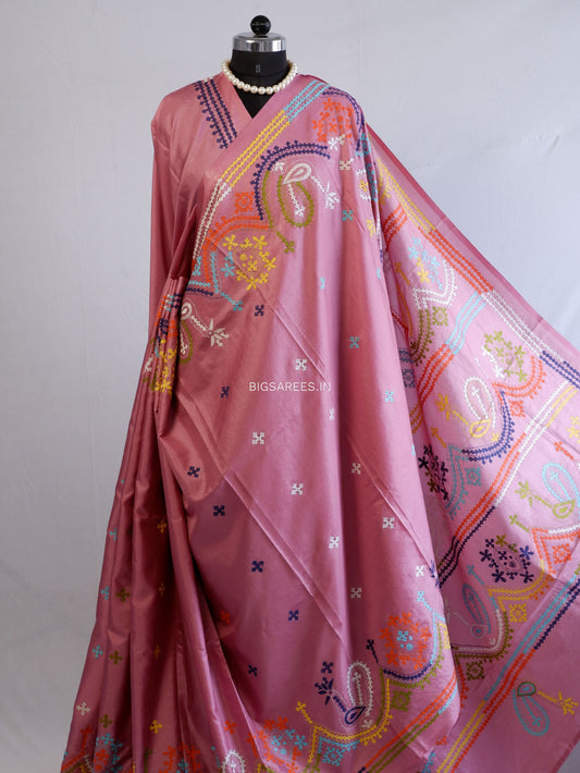 Kutchi/Gujarati Hand Embroidered Saree  | Blended Bangalore Silk / Art Silk | Muted Pink