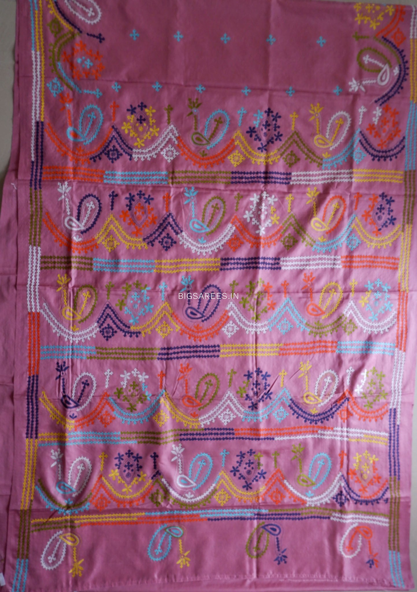 Kutchi/Gujarati Hand Embroidered Saree  | Blended Bangalore Silk / Art Silk | Muted Pink