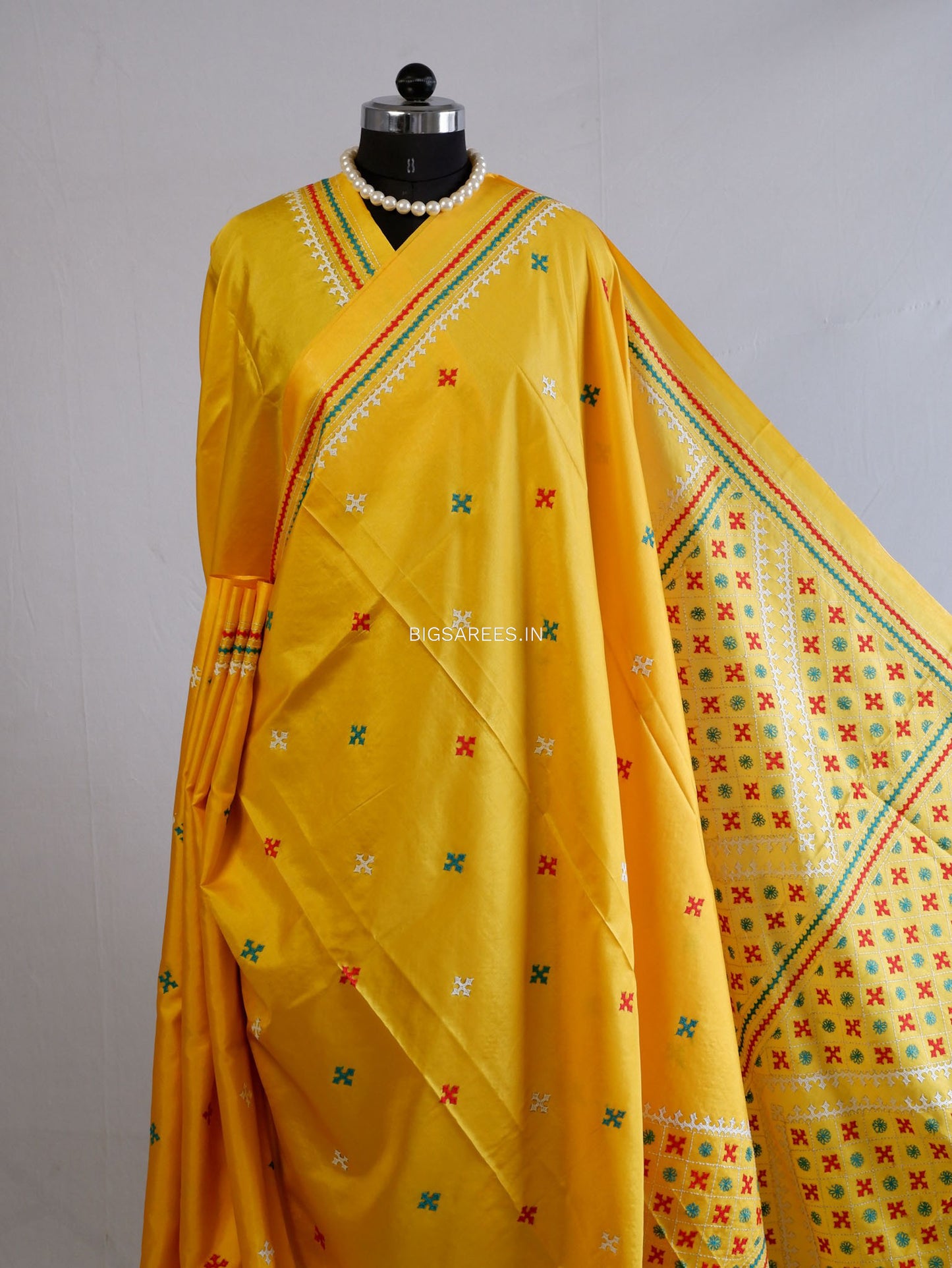 Kutchi/Gujarati Hand Embroidered Saree  | Blended Bangalore Silk / Art Silk | Bright Yellow