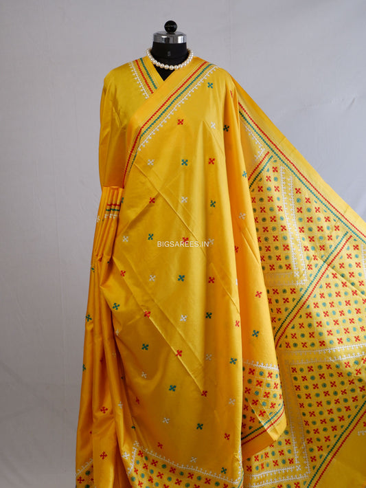 Kutchi/Gujarati Hand Embroidered Saree  | Blended Bangalore Silk / Art Silk | Bright Yellow