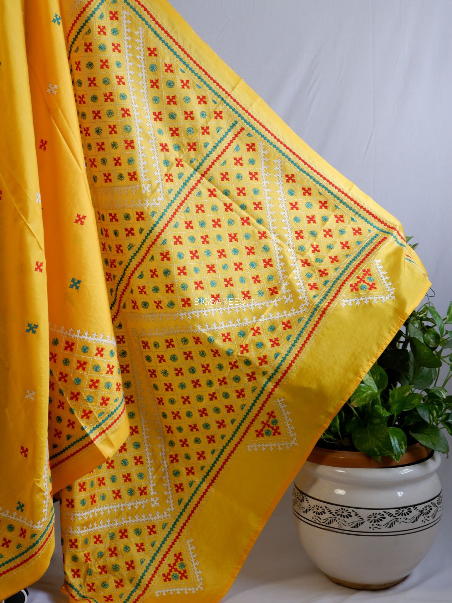 Kutchi/Gujarati Hand Embroidered Saree  | Blended Bangalore Silk / Art Silk | Bright Yellow