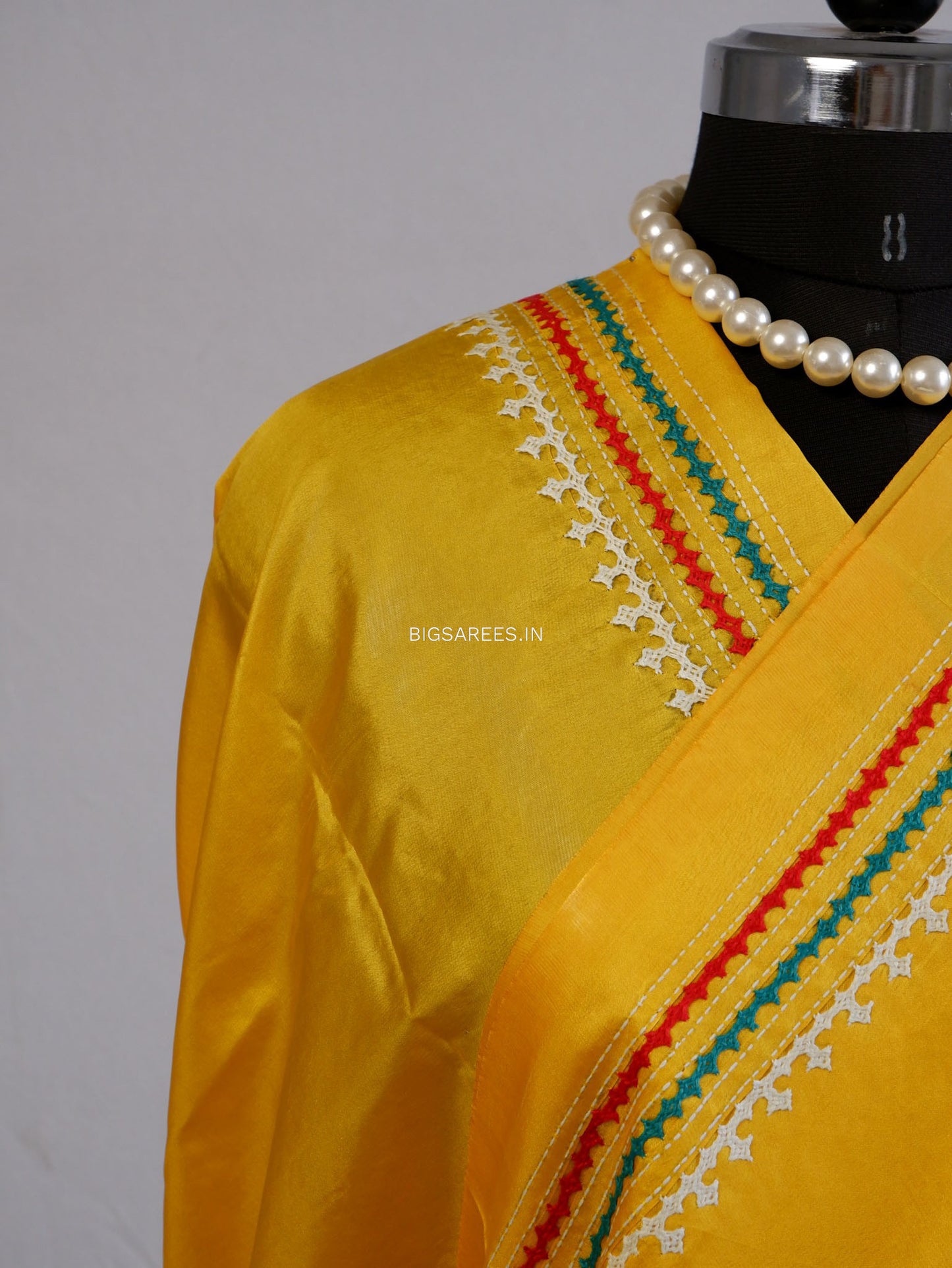 Kutchi/Gujarati Hand Embroidered Saree  | Blended Bangalore Silk / Art Silk | Bright Yellow