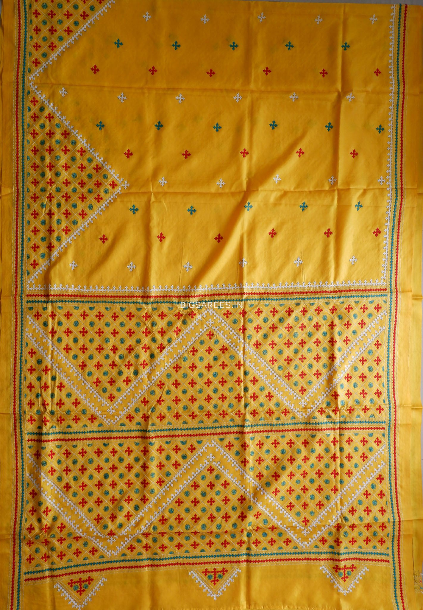 Kutchi/Gujarati Hand Embroidered Saree  | Blended Bangalore Silk / Art Silk | Bright Yellow