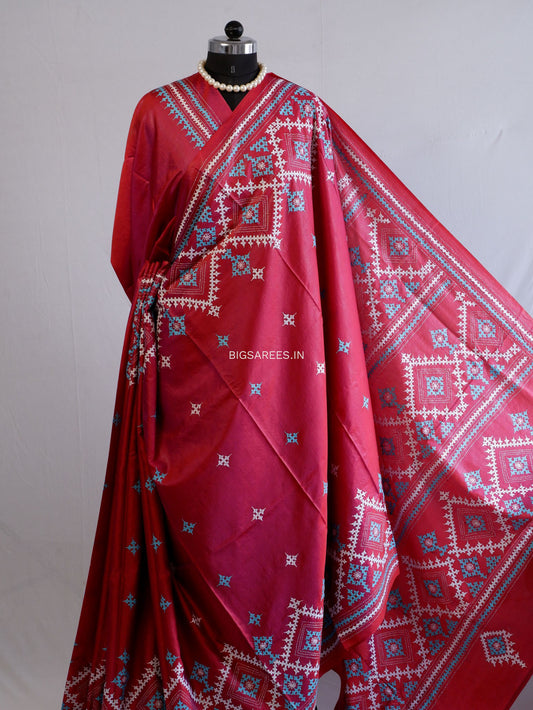 Kutchi/Gujarati Hand Embroidered Saree  | Blended Bangalore Silk / Art Silk | Burgundy