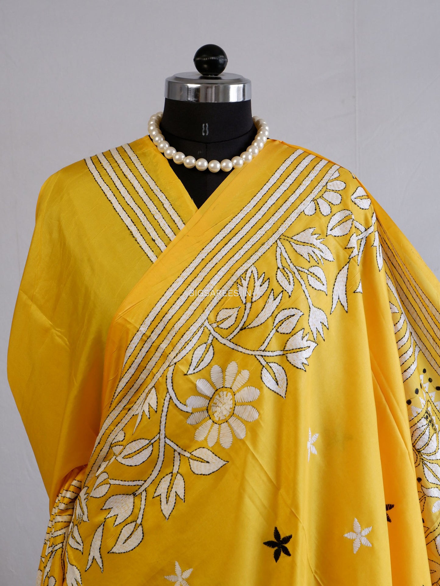 Kantha Stitch Hand Embroidered Saree | Blended Bangalore Silk / Art Silk | Yellow