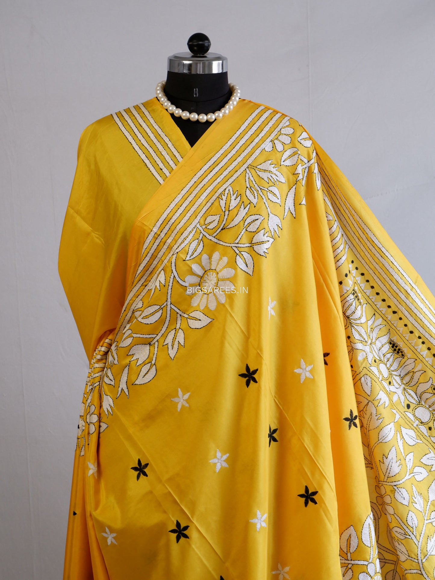 Kantha Stitch Hand Embroidered Saree | Blended Bangalore Silk / Art Silk | Yellow