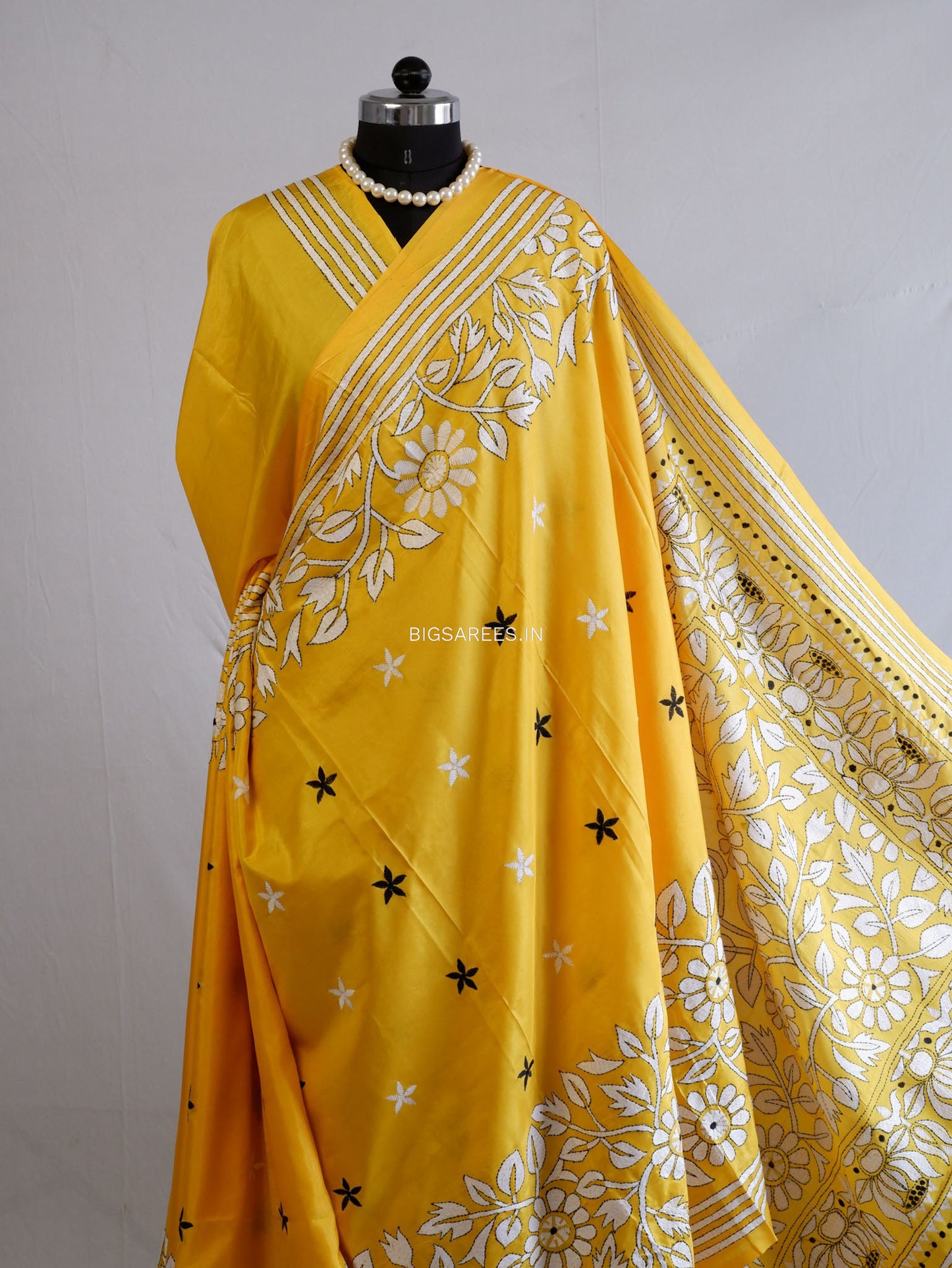 Kantha Stitch Hand Embroidered Saree | Blended Bangalore Silk / Art Silk | Yellow