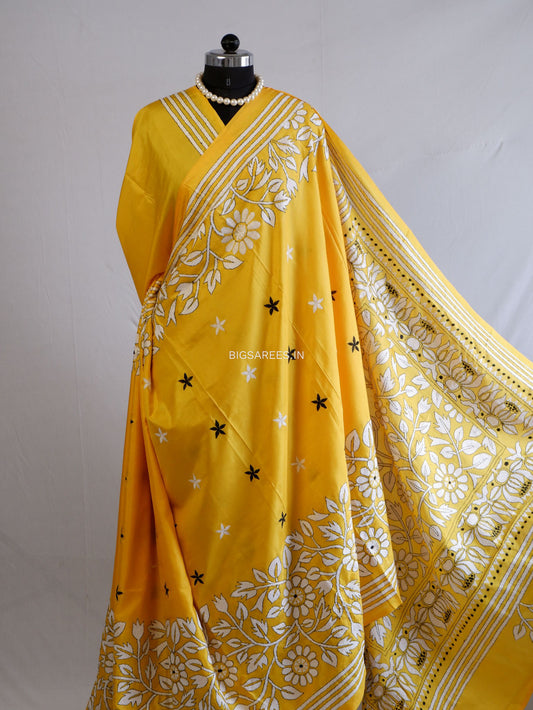 Kantha Stitch Hand Embroidered Saree | Blended Bangalore Silk / Art Silk | Yellow