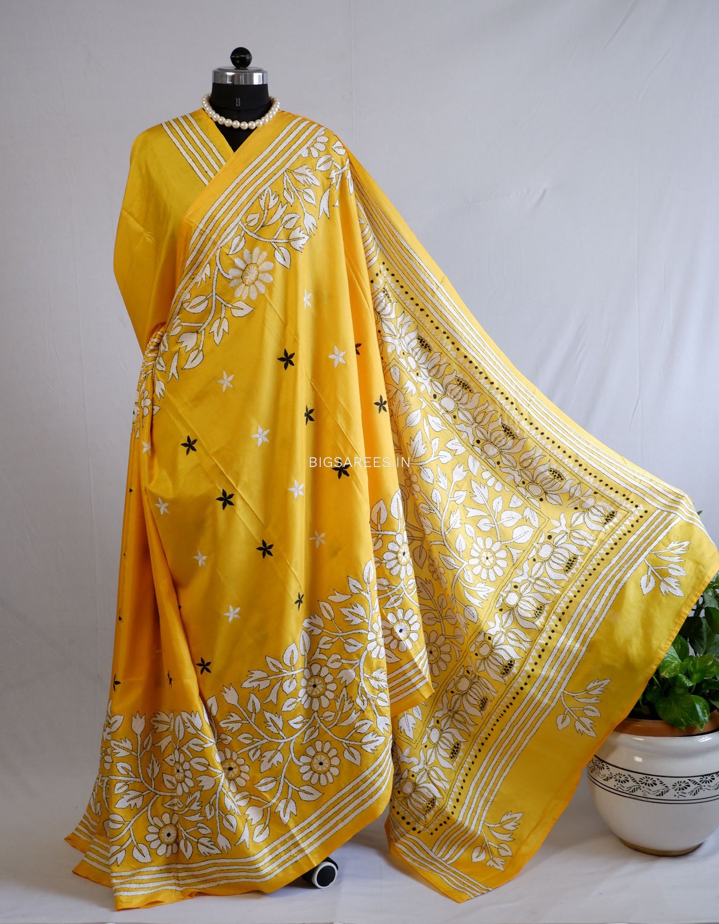 Kantha Stitch Hand Embroidered Saree | Blended Bangalore Silk / Art Silk | Yellow
