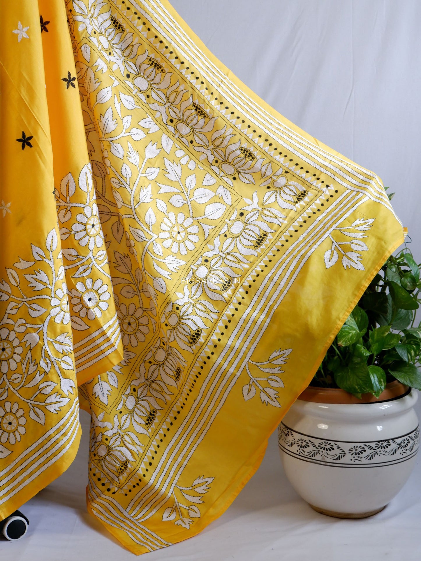 Kantha Stitch Hand Embroidered Saree | Blended Bangalore Silk / Art Silk | Yellow