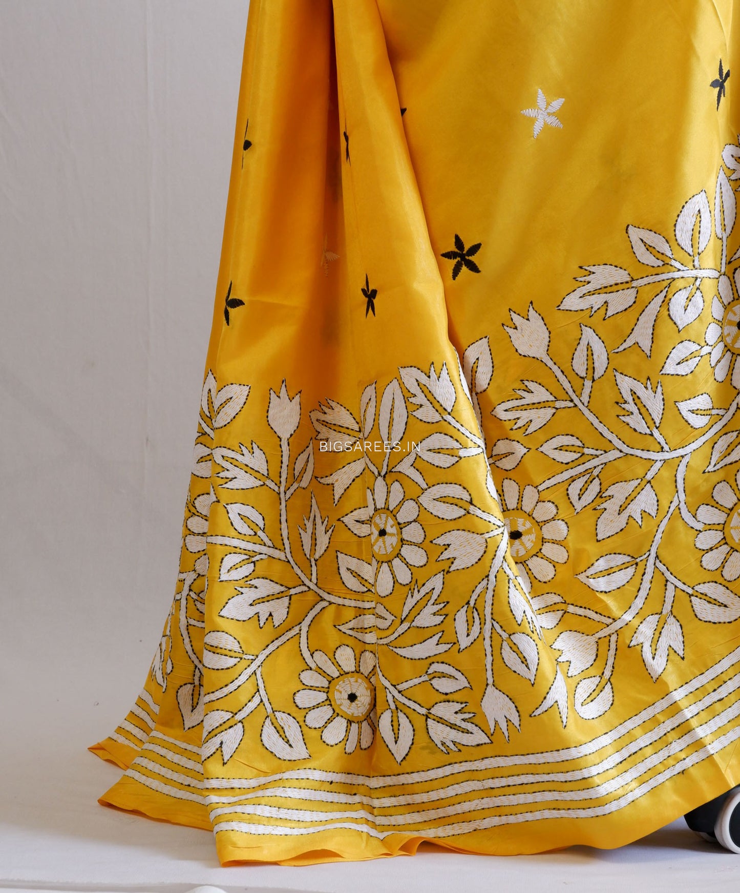 Kantha Stitch Hand Embroidered Saree | Blended Bangalore Silk / Art Silk | Yellow