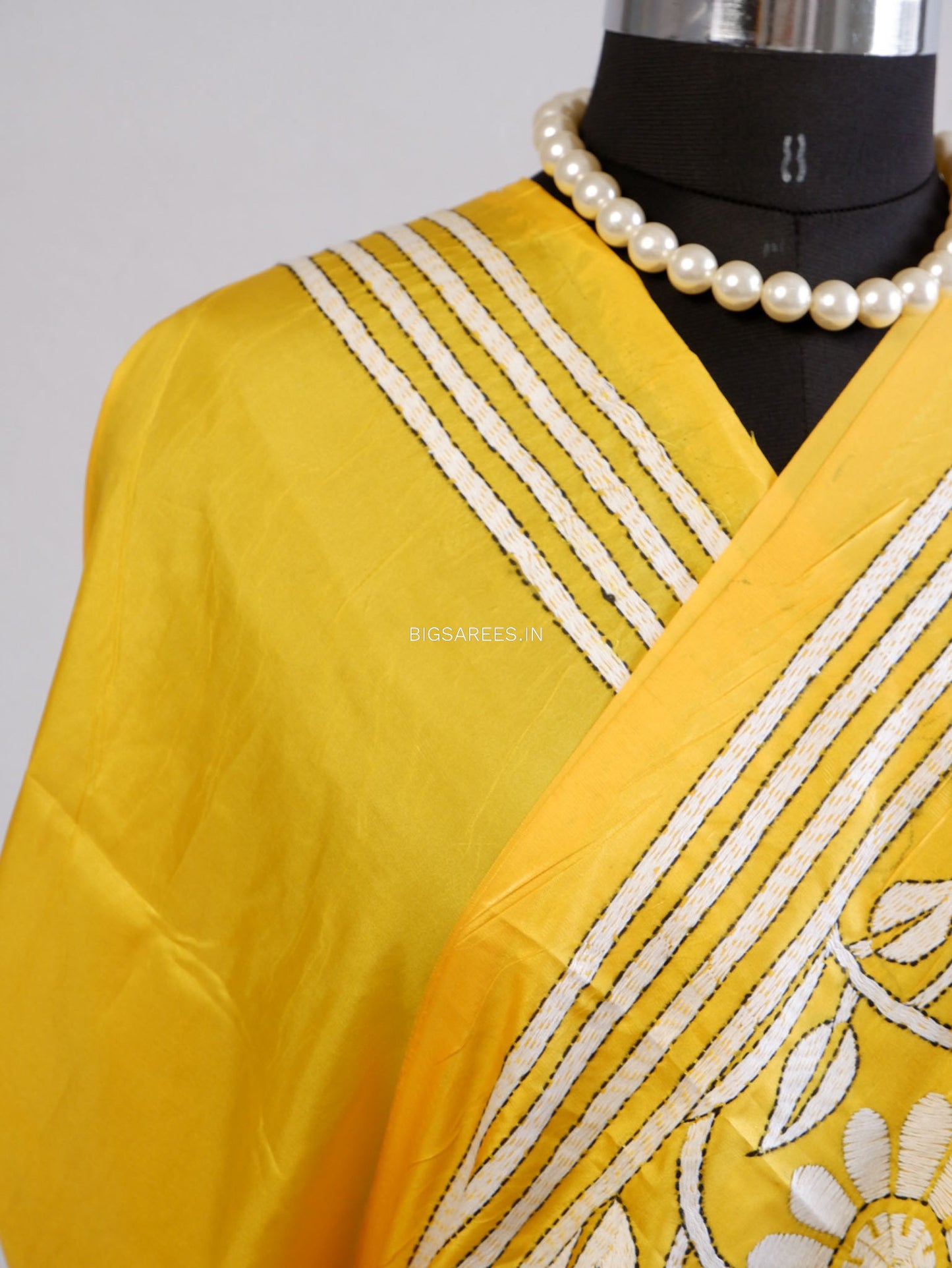 Kantha Stitch Hand Embroidered Saree | Blended Bangalore Silk / Art Silk | Yellow
