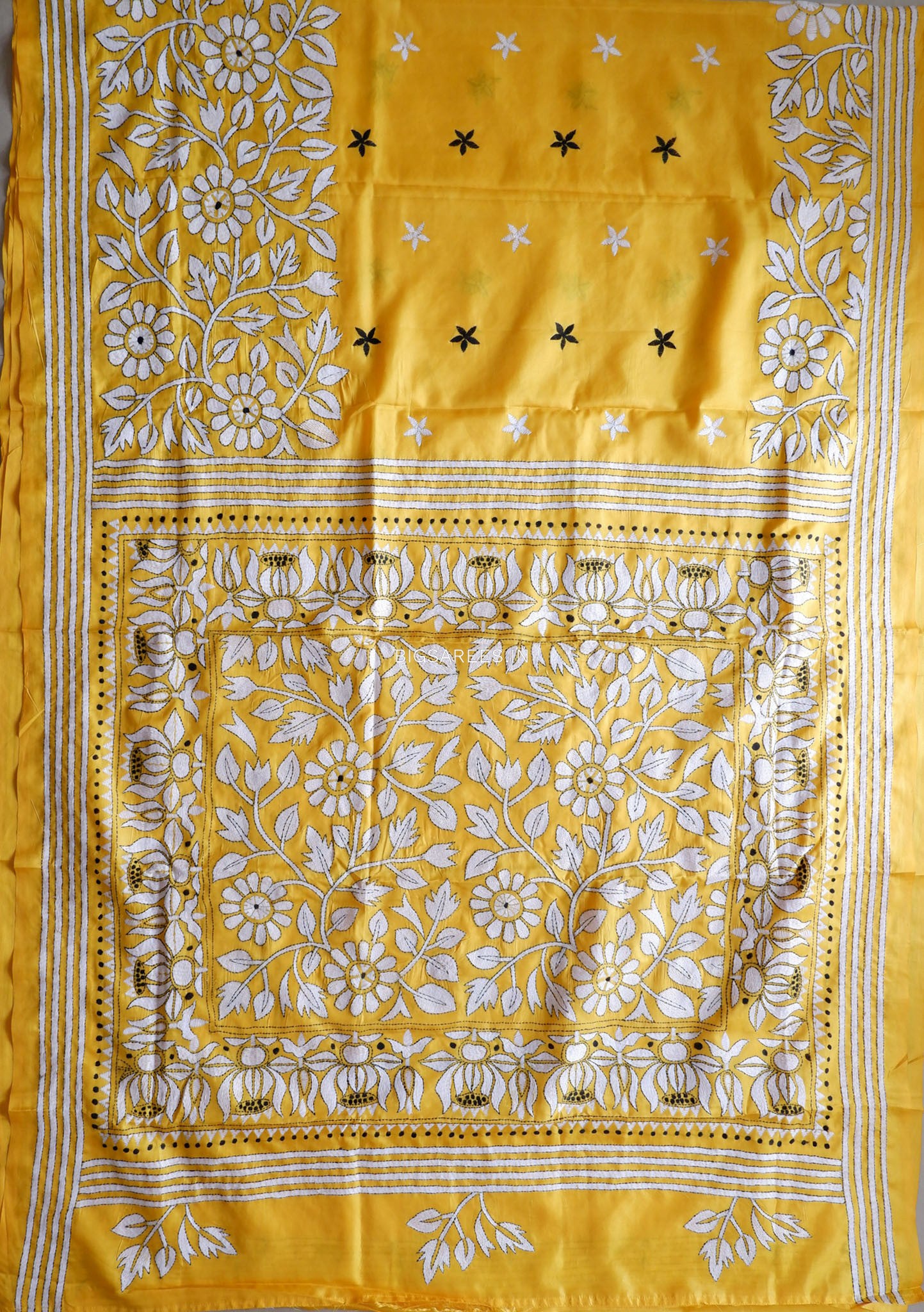 Kantha Stitch Hand Embroidered Saree | Blended Bangalore Silk / Art Silk | Yellow