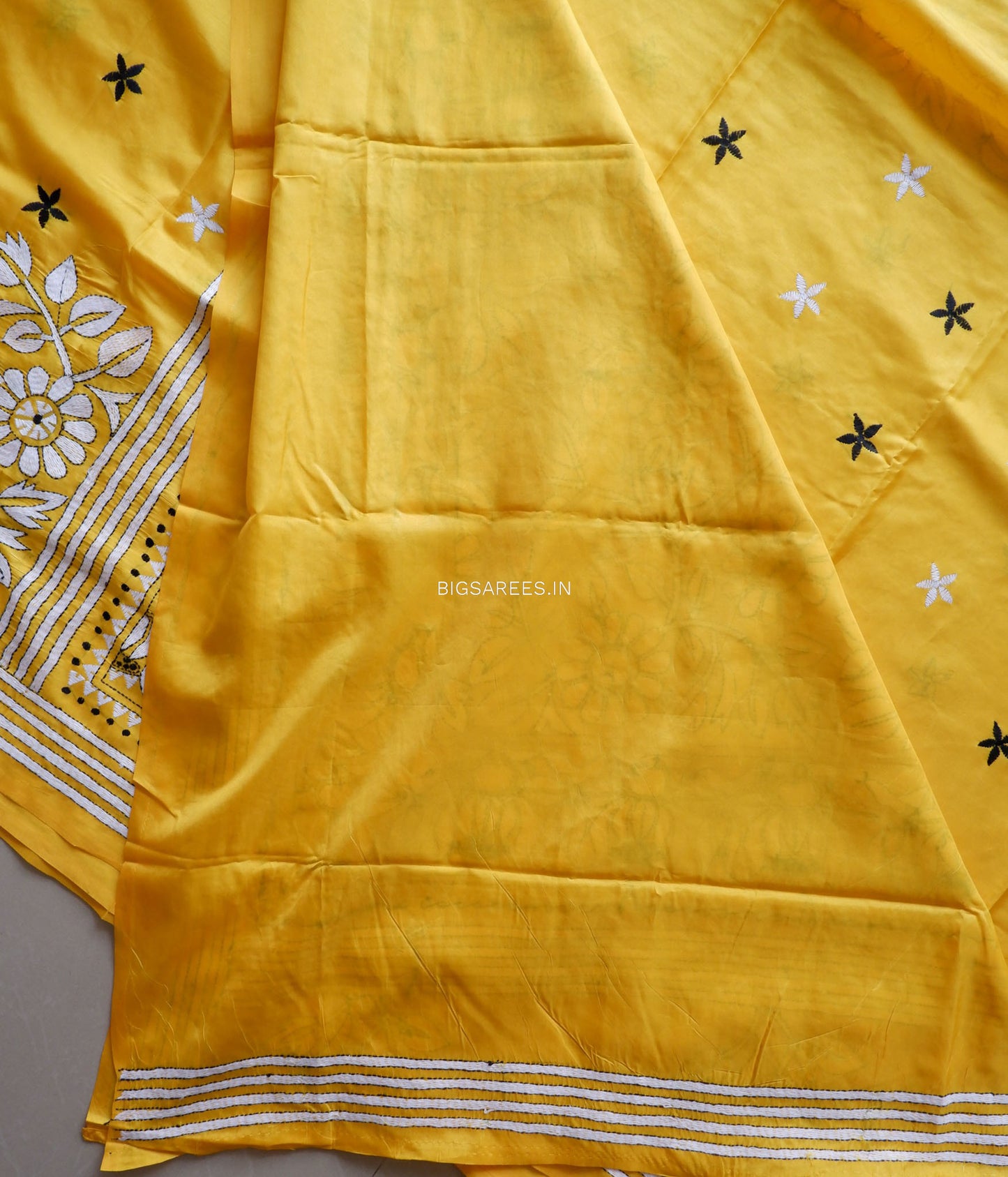 Kantha Stitch Hand Embroidered Saree | Blended Bangalore Silk / Art Silk | Yellow