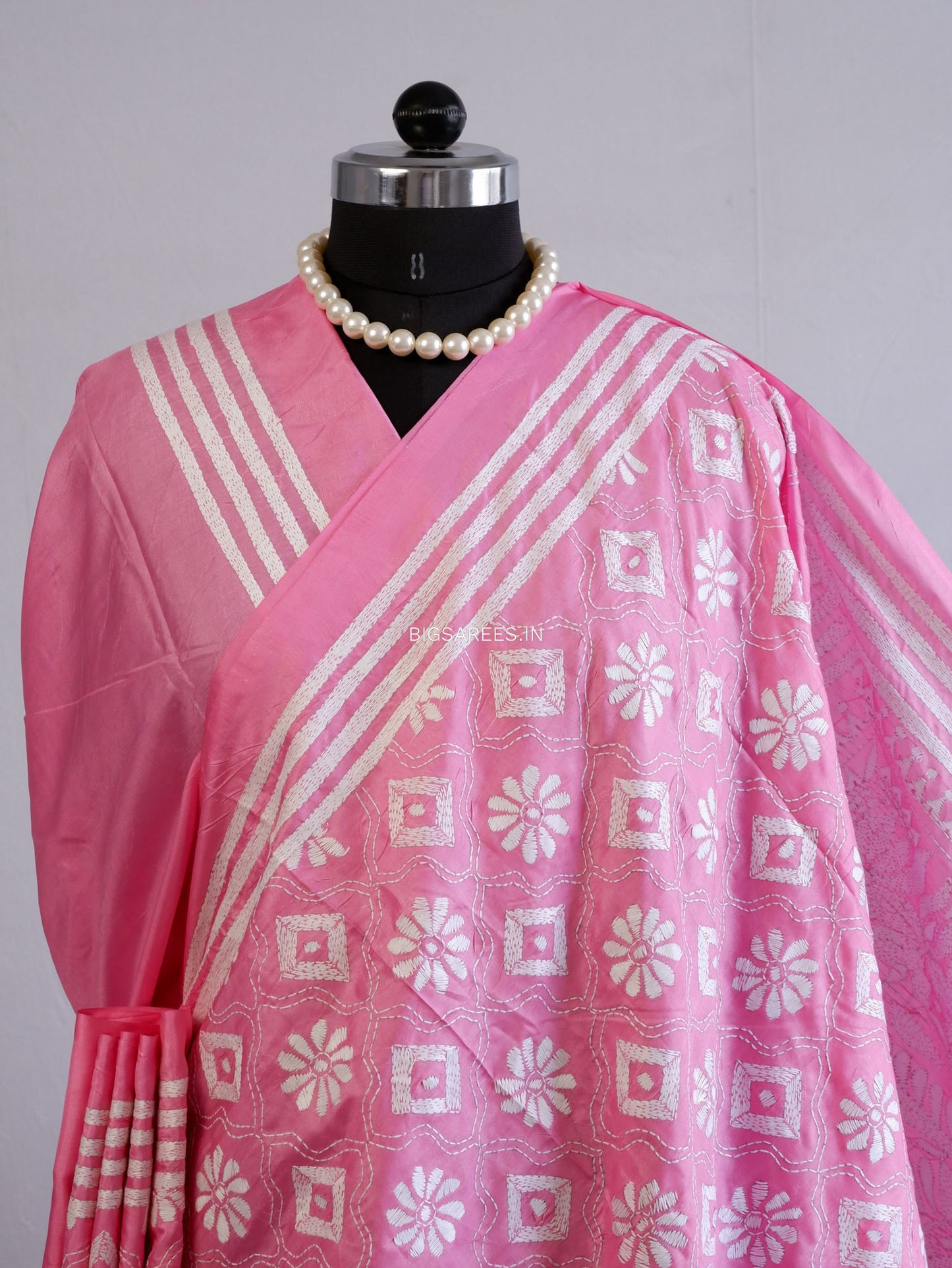 Kantha Stitch Hand Embroidered Saree | Blended Bangalore Silk / Art Silk | Pink