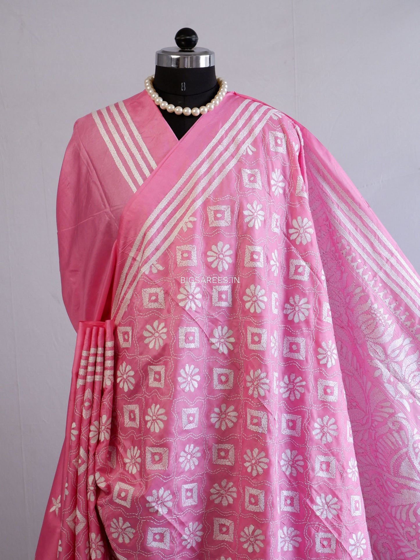 Kantha Stitch Hand Embroidered Saree | Blended Bangalore Silk / Art Silk | Pink