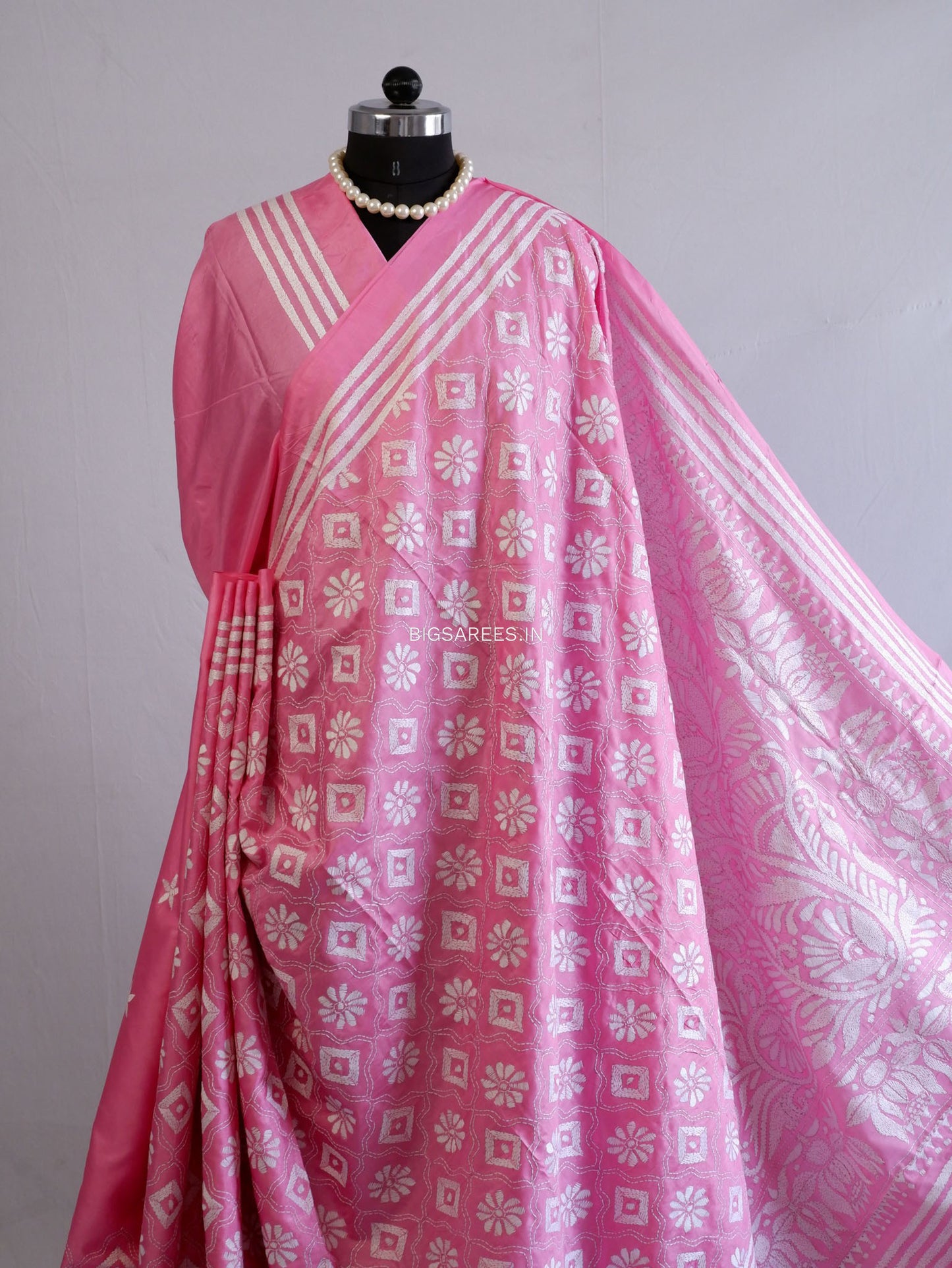 Kantha Stitch Hand Embroidered Saree | Blended Bangalore Silk / Art Silk | Pink