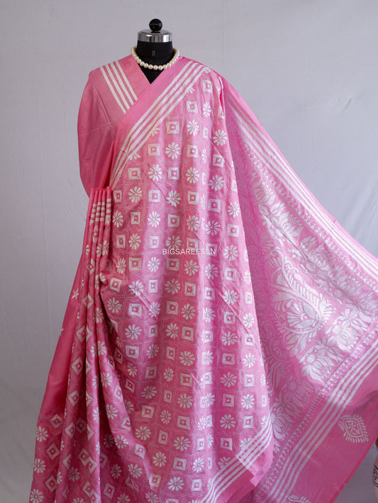 Kantha Stitch Hand Embroidered Saree | Blended Bangalore Silk / Art Silk | Pink