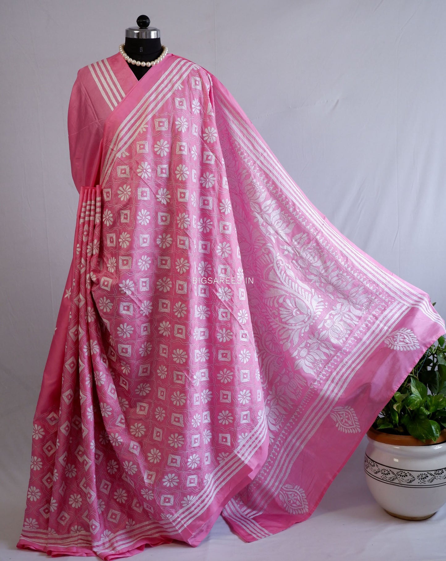 Kantha Stitch Hand Embroidered Saree | Blended Bangalore Silk / Art Silk | Pink