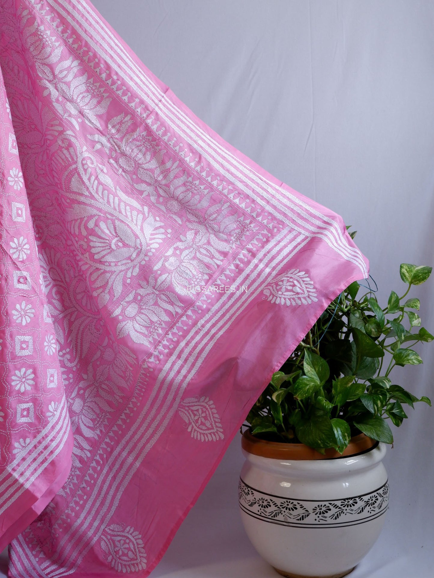 Kantha Stitch Hand Embroidered Saree | Blended Bangalore Silk / Art Silk | Pink