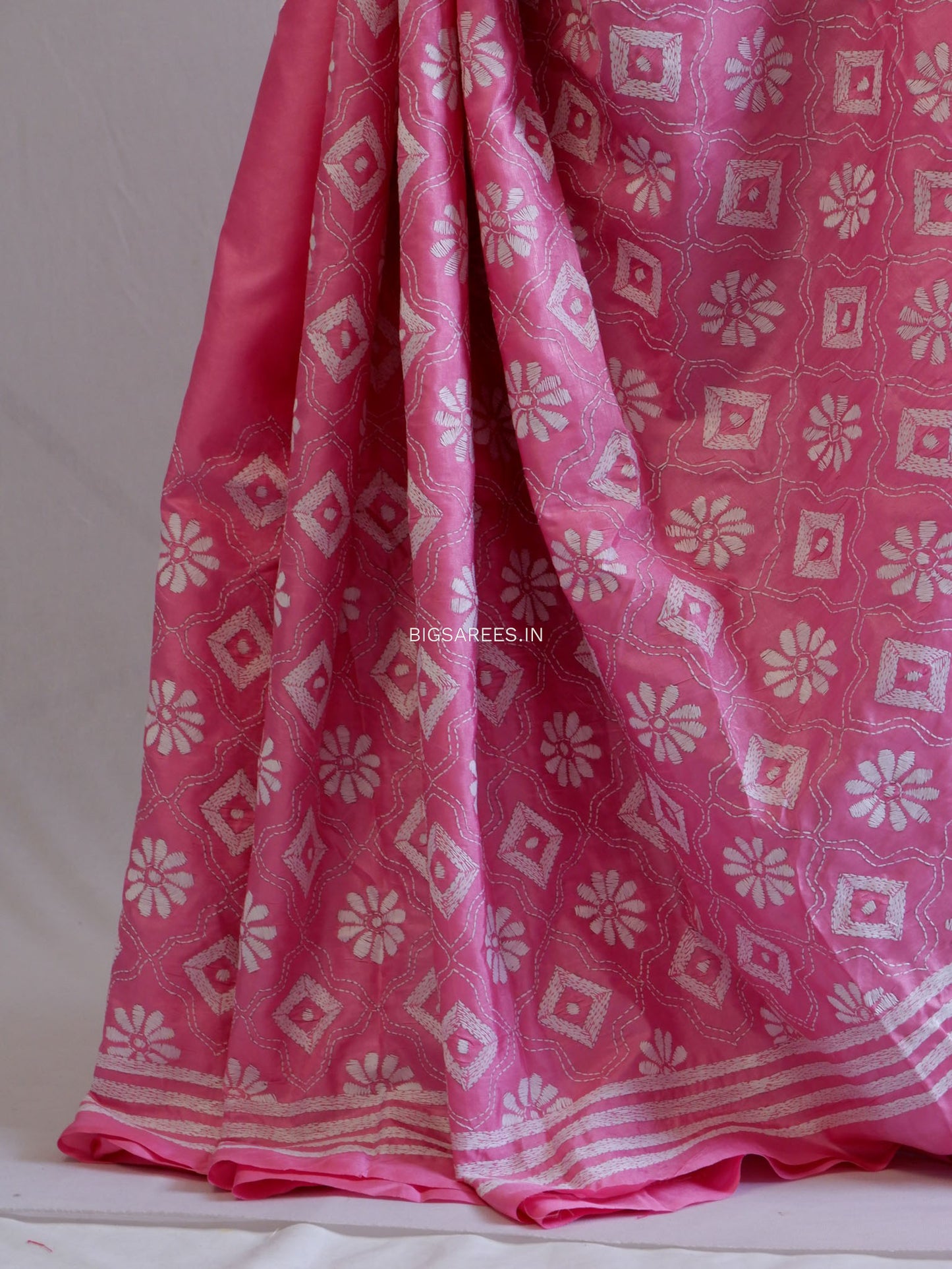 Kantha Stitch Hand Embroidered Saree | Blended Bangalore Silk / Art Silk | Pink